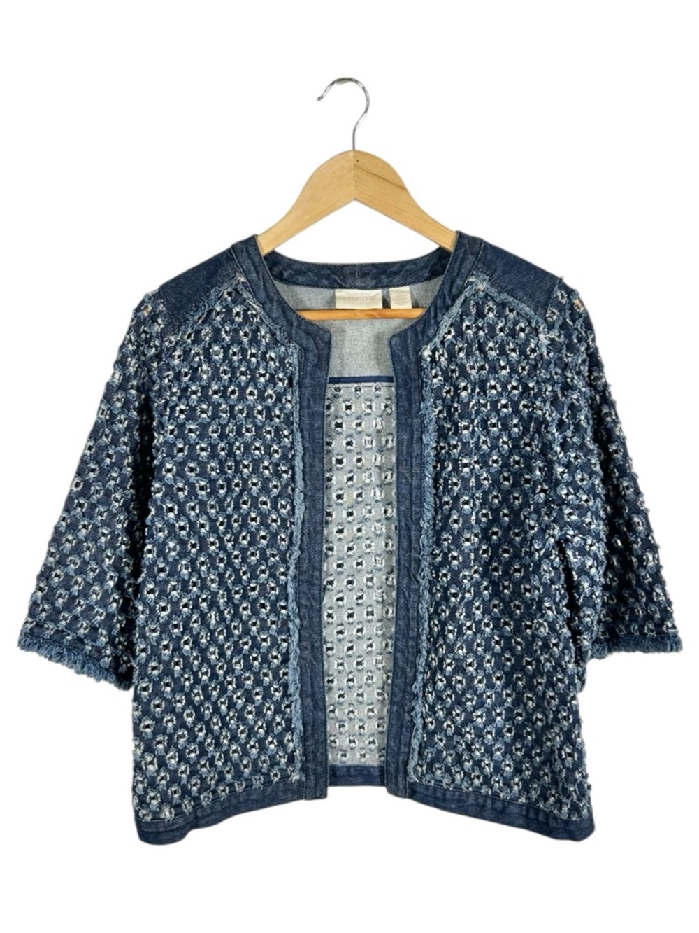 Chico’s Denim Frayed Lattice Fringe Open 3/4 Sleeve Jean Jacket